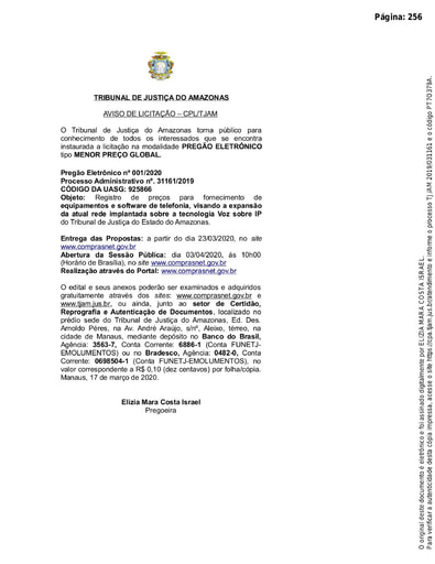 PREGÃO ELETRÔNICO Nº 001/2020 – AVISO DE LICITAÇÃO