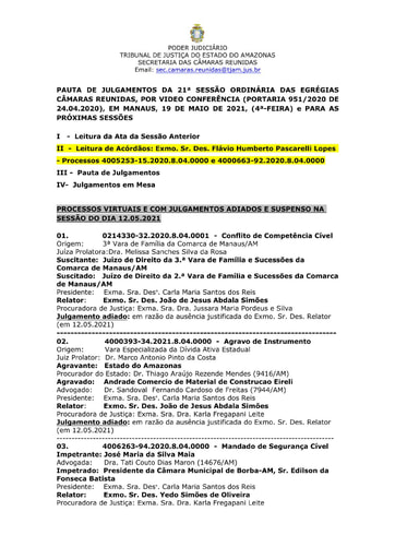 PAUTA DE JULGAMENTOS DO DIA 19 05 2021