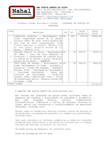PREGÃO ELETRÔNICO Nº 037/2021 - PROPOSTA - ITENS 3, 6 E 7 - ANA FLÁVIA