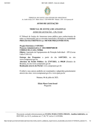 PREGÃO ELETRÔNICO Nº 035/2021 - AVISO DE LICITAÇÃO