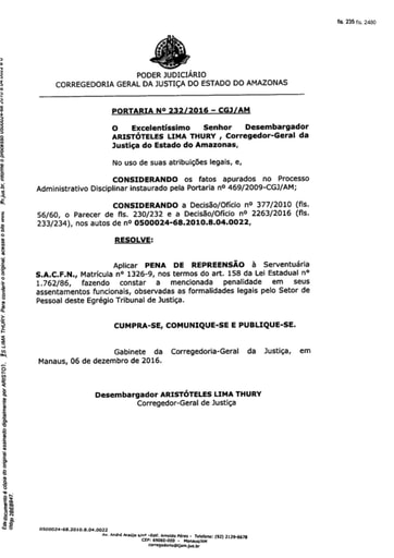 Portaria nº232/2016-CGJ/AM (Aplica Pena de Repreensão; Processo nº 050024-68.2010.8.04.0022)