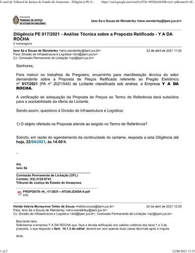 PREGÃO ELETRÔNICO Nº 017/2021 - DILIGÊNCIA CPL À DIVISÃO DE INFRAESTRUTURA E LOGÍSTICA - PROPOSTA RETIFICADA - Y A DA ROCHA