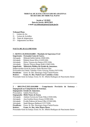 Pauta de Julgamento do Tribunal Pleno do dia 08/02/2022
