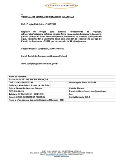 PREGÃO ELETRÔNICO Nº 037/2021 - PROPOSTA - ITEM 2 - M L