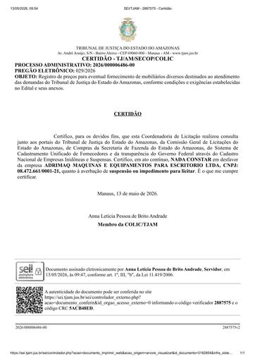 PREGÃO ELETRÔNICO Nº 029/2026 - CERTIDÃO NADA CONSTA - ADRIMAQ MAQUINAS E EQUIPAMENTOS PARA ESCRITORIO LTDA - GRUPOS 1 E 3