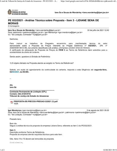PREGÃO ELETRÔNICO Nº 032/2021 - DILIGÊNCIA CPL À DIVISÃO DE PATRIMÔNIO - PROPOSTA ITEM 3 - LIDIANE
