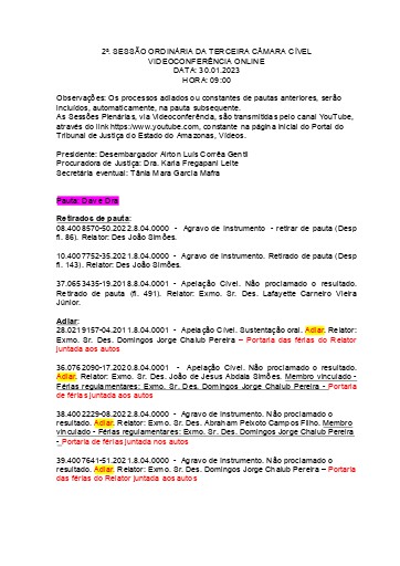 2a Sessão Ordinária da Terceira Câmara Cível - VIA VIDEOCONFERÊNCIA - Data 30.01.2023 Hora: 9 Horas