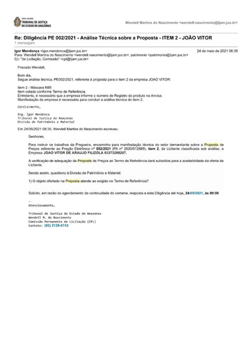 PREGÃO ELETRÔNICO Nº 002/2021 – DILIGÊNCIA CPL À DIVISÃO DE PATRIMÔNIO - PROPOSTA - ITEM 2 - JOÃO VITOR