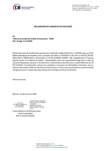 PREGÃO ELETRÔNICO Nº 013/2020 - PROPOSTA - C A R DE ALMEIDA