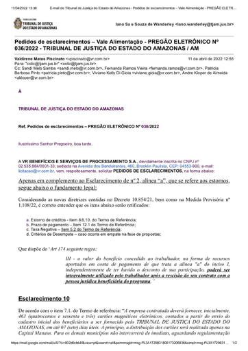 PREGÃO ELETRÔNICO Nº 036/2022 - 2º PEDIDO DE ESCLARECIMENTO - VR BENEFÍCIOS