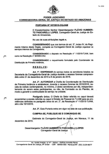 Portaria nº167/2015-CGJ/AM (Dispensar do serviço todos os servidores lotados na Secretaria da CGJ/AM)
