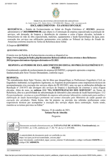 PREGÃO ELETRÔNICO Nº 52/2021 - RESPOSTA AO PEDIDO DE ESCLARECIMENTO - QUIMITEC