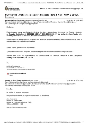 PREGÃO ELETRÔNICO Nº 035/2022 - DILIGÊNCIA COLIC AO PATRIMÔNIO - PROPOSTA - ITENS 3, 4 E 5 - G DA S BESSA
