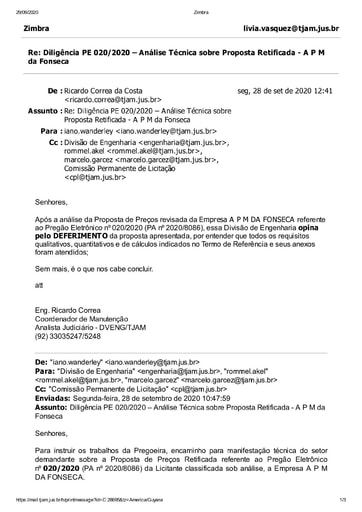 PREGÃO ELETRÔNICO Nº 020/2020 - DILIGÊNCIA CPL À DIVISÃO DE ENGENHARIA - PROPOSTA RETIFICADA - A P M DA FONSECA