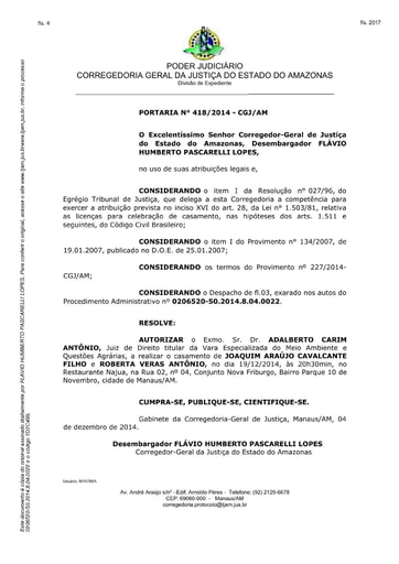 Portaria nº418/2014-CGJ/AM (Autoriza o Dr. Adalberto Carim Antônio a realizar o casamento no dia 19/12/2014)