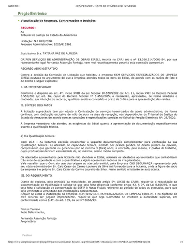 PREGÃO ELETRÔNICO Nº 028/2020 - RAZÕES RECURSAIS - GRIFON