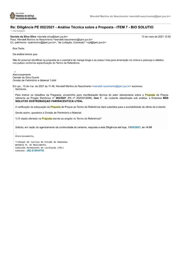 PREGÃO ELETRÔNICO Nº 002/2021 – DILIGÊNCIA CPL À DIVISÃO DE PATRIMÔNIO - PROPOSTA - ITEM 7 - BIO SOLUTIO