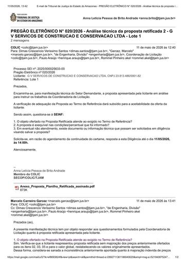 PREGÃO ELETRÔNICO Nº 020/2026 - DILIGÊNCIA COLIC À SEINF - PROPOSTA RETIFICADA 2 - G V SERVICOS DE CONSTRUCAO E CONSERVACAO LTDA - LOTE 1