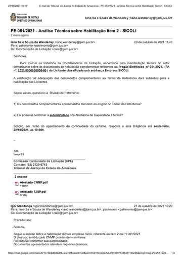 PREGÃO ELETRÔNICO Nº 51/2021 - E-MAIL DILIGÊNCIA - HABILITAÇÃO - ITEM 2 - SICOLI