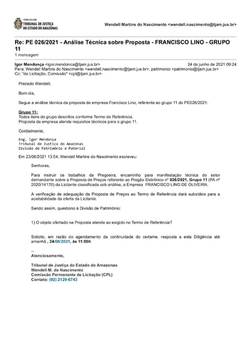 PREGÃO ELETRÔNICO Nº 026/2021 - DILIGÊNCIA CPL À DIVISÃO DE PATRIMÔNIO - PROPOSTA - GRUPO 11 - FRANCISCO LINO