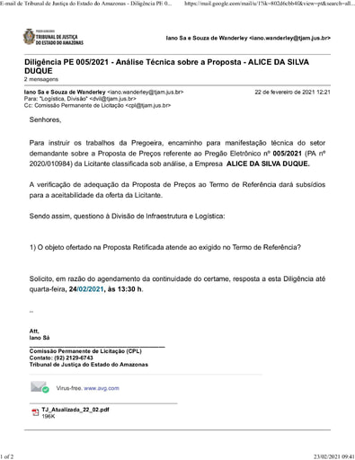 PREGÃO ELETRÔNICO Nº 005/2021 - DILIGÊNCIA CPL À DIVISÃO DE INFRAESTRUTURA E LOGÍSTICA - PROPOSTA - ALICE DA SILVA DUQUE