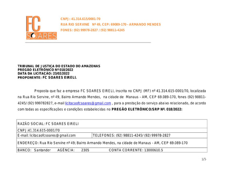 PREGÃO ELETRÔNICO Nº 018/2022 - PROPOSTA - GRUPO 1 - F C SOARES
