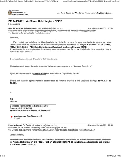 PREGÃO ELETRÔNICO Nº 041/2021 - DILIGÊNCIA COLIC À DIVISÃO DE ENGENHARIA - HABILITAÇÃO - EFIRE