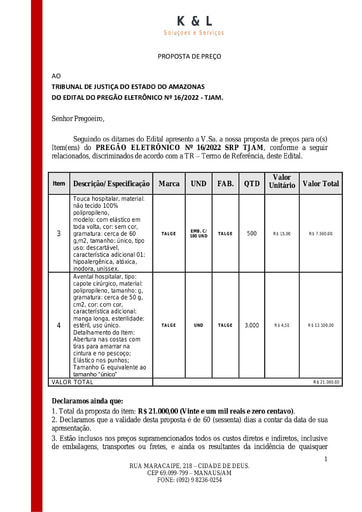 PREGÃO ELETRÔNICO Nº 016/2022 - PROPOSTA - G2 - GKC