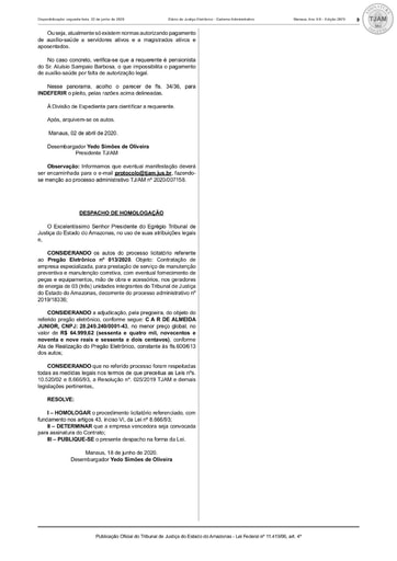PREGÃO ELETRÔNICO Nº 013/2020 – DESPACHO DE HOMOLOGAÇÃO (DJE)