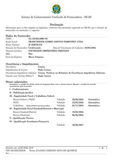 PREGÃO ELETRÔNICO Nº 031/2026 - OCORRÊNCIA DE IMPEDIMENTO INDIRETO -  FRANCINEIDE GOMES SANTOS PAMPONET LTDA