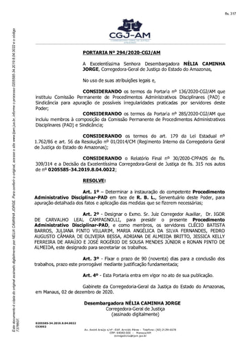Portaria nº 294/2020-CGJ/AM (Determinar a instauração do competente Procedimento Administrativo Disciplinar-PAD em face de R. B. L.)