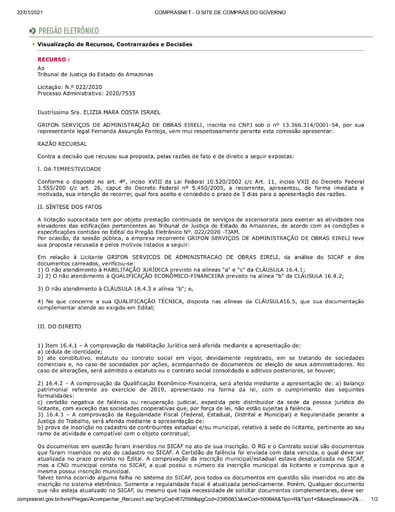 PREGÃO ELETRÔNICO Nº 022/2020 - RAZÕES RECURSAIS - GRIFON