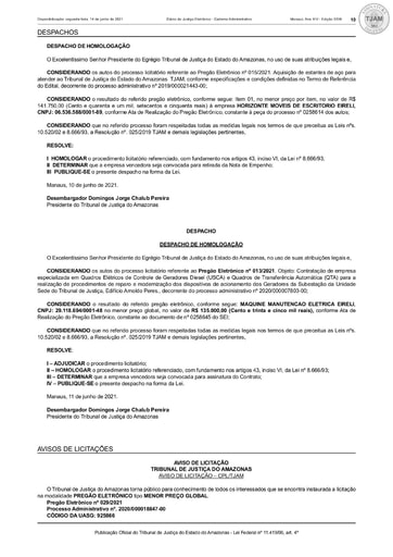 PREGÃO ELETRÔNICO Nº 015/2021 - DESPACHO DE HOMOLOGAÇÃO (DJE)