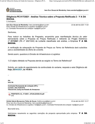 PREGÃO ELETRÔNICO Nº 017/2021 - DILIGÊNCIA CPL À DIVISÃO DE INFRAESTRUTURA E LOGÍSTICA - PROPOSTA RETIFICADA 2 - Y A DA ROCHA