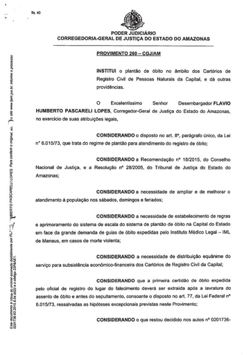 PROVIMENTO 260 - Institui o plantão de óbito no âmbito dos Cartórios de Registro Civil de Pessoas Naturais da Capital