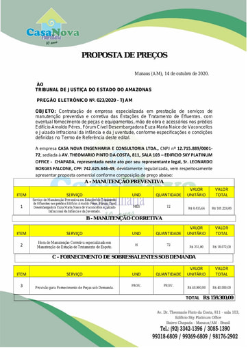 PREGÃO ELETRÔNICO Nº 023/2020 - PROPOSTA - CASA NOVA ENGENHARIA