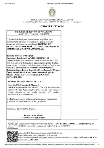 TOMADA DE PREÇOS N° 004/2021 - AVISO DE LICITAÇÃO