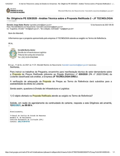 PREGÃO ELETRÔNICO Nº 029/2020 - DILIGÊNCIA CPL À DIVISÃO DE INFRAESTRUTURA E LOGÍSTICA - PROPOSTA RETIFICADA 2 - JF TECNOLOGIA