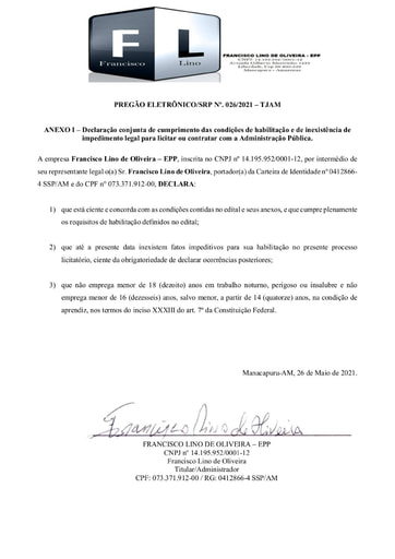 PREGÃO ELETRÔNICO Nº 026/2021 - HABILITAÇÃO - DOCUMENTOS COMPLEMENTARES - GRUPOS 11 E 14 - FRANCISCO LINO