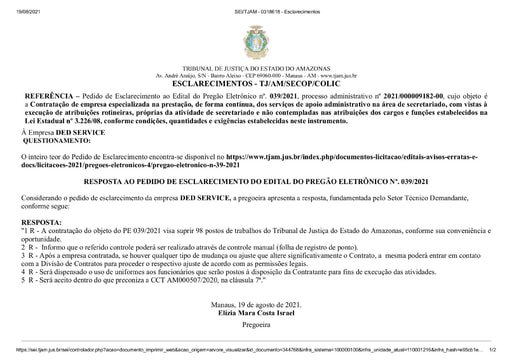 PREGÃO ELETRÔNICO Nº 039/2021 - RESPOSTA AO PEDIDO DE ESCLARECIMENTO - DED SERVICE
