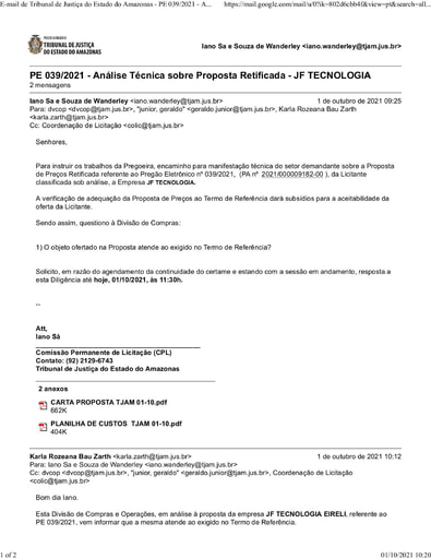 PREGÃO ELETRÔNICO Nº 039/2021 - DILIGÊNCIA COLIC À DVCOP - PROPOSTA RETIFICADA - JF TECNOLOGIA