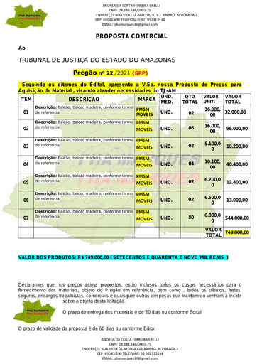 PREGÃO ELETRÔNICO Nº 022/2021 - PROPOSTA - ITEM 6 - ANDREA DA COSTA
