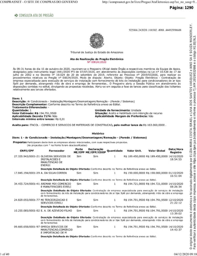 PREGÃO ELETRÔNICO Nº 024/2020 - ATA DA SESSÃO