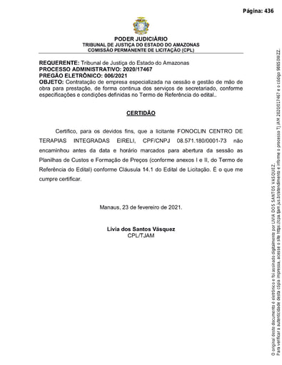 PREGÃO ELETRÔNICO Nº 006/2021 – CERTIDÃO - FONOCLIN