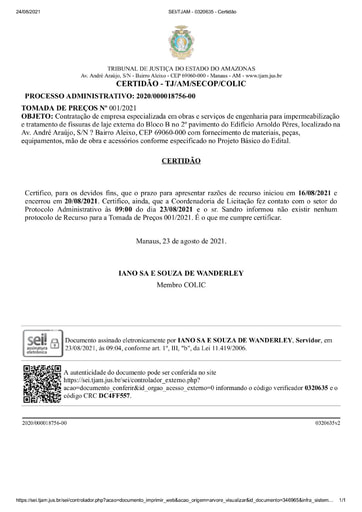 TOMADA DE PREÇOS 001/2021 - CERTIDÃO