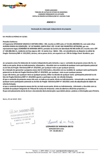 PREGÃO ELETRÔNICO Nº 023/2021 - HABILITAÇÃO - DOCUMENTOS COMPLEMENTARES - SPEEDGRAF - ITEM 77