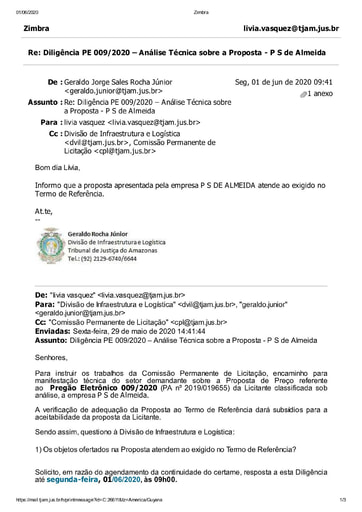 PREGÃO ELETRÔNICO Nº 009/2020 – DILIGÊNCIA CPL À DIVISÃO DE INFRAESTRUTURA E LOGÍSTICA - PROPOSTA - P S DE ALMEIDA