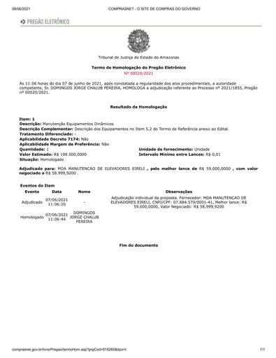 PREGÃO ELETRÔNICO Nº 020/2021 - DESPACHO DE HOMOLOGAÇÃO / TERMO DE ADJUDICAÇÃO