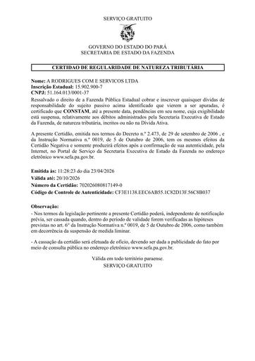 PREGÃO ELETRÔNICO Nº 027/2026 - DOCUMENTAÇÃO EXTRAÍDA DO SICAF E SITES - GRUPOS 1,2 E 4 - A RODRIGUES COM E SERVICOS LTDA