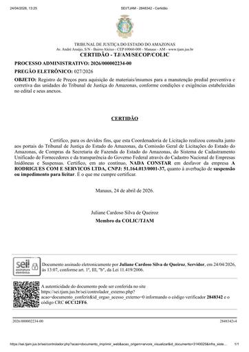 PREGÃO ELETRÔNICO Nº 027/2026 - CERTIDÃO NADA CONSTA - GRUPOS 1,2 E 4 - A RODRIGUES COM E SERVICOS LTDA